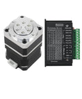 Compact Strain Wave Gearbox Speed Reducer For NEMA 17 Stepper Motors next to a microstep driver, showcasing 0.70Nm output and 60mm housing