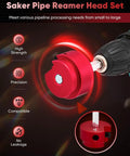 Red 1-1/2 Inch PVC Pipe Reamer And Fitting Saver for SCH40 ABS CPVC pipes, attached to a drill, DIY friendly, quick plumbing tool.