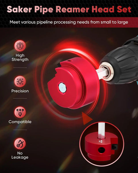 Red 1-1/2 Inch PVC Pipe Reamer And Fitting Saver for SCH40 ABS CPVC pipes, attached to a drill, DIY friendly, quick plumbing tool.