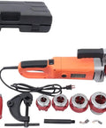 Portable Electric Pipe Threader Kit With Super Workhorse 2000 Watt Motor And Hardened Steel Dies For Easy One Half To Two Inch Cuts Plus Swap In Heads For Rock Solid Construction Work Built Tough And Ready To Roll. Image shows the kit with electric threader, dies, and accessories.
