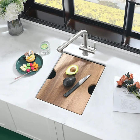 Undermount Bar Sink Workstation 15x19 Inch With Wood Cutting Board 16 Gauge Stainless Steel Single Bowl Deep Wet Bar Sink
