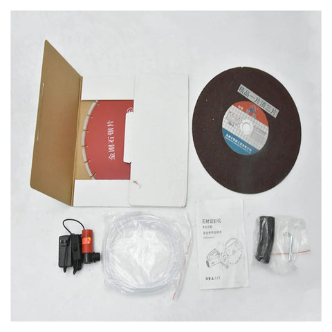 Heavy Duty 6800W Electric Circular Saw With Smooth Angle Adjustments For Easy Wood Metal Stone And Tile Cutting Comes With Blazing Blades Built Like A Tank For Real World DIY Grinds parts including a circular blade, manual, and components laid out.