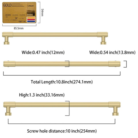 Top Shelf 10 Pack Brushed Gold Cabinet Pulls With 10 Inch Hole Center For Kitchen And Bathroom Slick Modern Drawer Handles Easy Install Heavy Duty Home Upgrade, detail view with dimensions and design features.