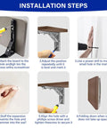 Installation steps for 2 Pack 10 Inch Black Folding Shelf Brackets, showing tools and brackets for wall mounting.
