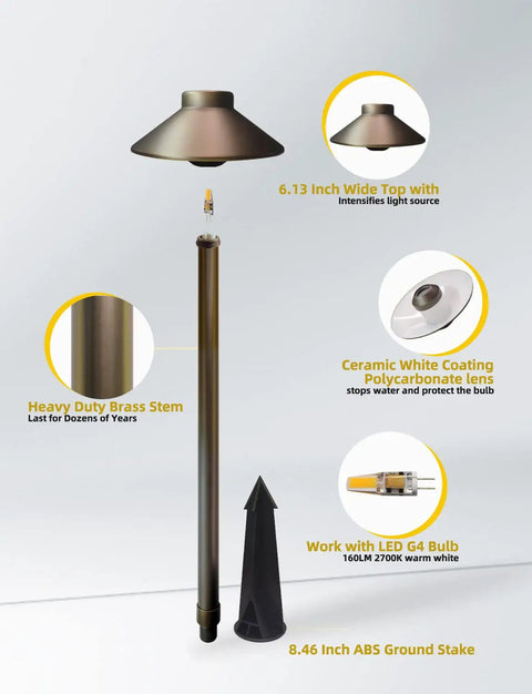 Brass Low Voltage Pathway Lights Outdoor 1 Pack With 2W LED G4 Bulb showing components and dimensions with IP65 waterproof rating