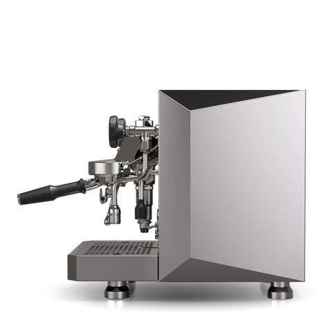 Giotto Fast V Espresso Machine Vibratory Pump Delivers Pro Level Shots That Hit Different Thanks to Insulated Heat Exchanger and PID Temp Control in Sleek Chrome Finish, side view.