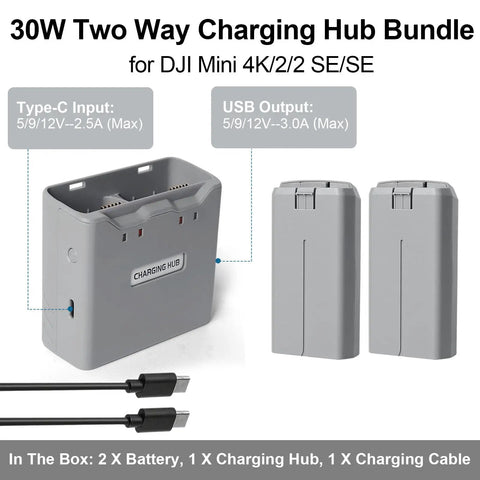 Two Pack Intelligent Flight Battery With Two Way Charging Hub For DJI Mini 4K Mini 2 Mini SE And Mini 2 SE Drones Delivers Up To 31 Minutes Of Flight Time 2400mAh 7 7 Volt Replacement Battery Fly More Kit with cables