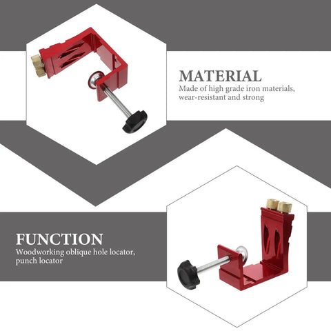 Pro Level Pocket Hole Drill Guide Jig For Woodworking Featuring Quick Release Clamps and Precision 15 Degree Angle Locator close-up of durable red metal drill guide