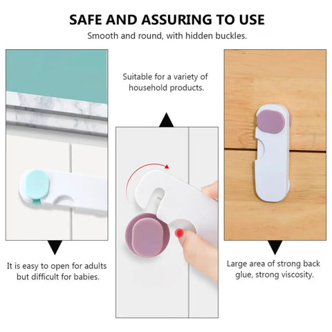Three Pack Kid Safe Cabinet And Drawer Safety Locks Made From ABS Material with smooth round design in kitchen setting.