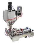 Heavy Duty Double Head Piston Liquid Filling Machine With Heating Stirrer And Mixer For Thick Pastes Cream Oil Chili Sauce Crushing 50 To 500 Ml Batches 110V Built Different Gear with stainless steel construction and electronic controls.