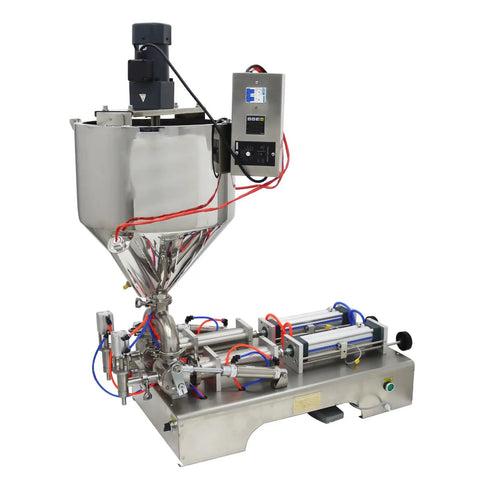 Heavy Duty Double Head Piston Liquid Filling Machine With Heating Stirrer And Mixer For Thick Pastes Cream Oil Chili Sauce Crushing 50 To 500 Ml Batches 110V Built Different Gear with stainless steel construction and electronic controls.
