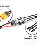 Beefed Up High Performance Brushless Motor And 80 Amp ESC Combo For One Eighth And One Tenth Scale RC Crawlers Including Axial SCX10 And TRX 4 TRX 6 Off Road Trucks With USB Linker Speed Control Programming, showing XT60 male and 4mm gold female connectors.
