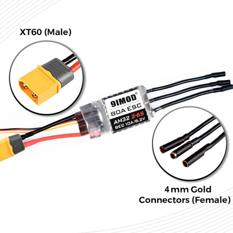 Beefed Up High Performance Brushless Motor And 80 Amp ESC Combo For One Eighth And One Tenth Scale RC Crawlers Including Axial SCX10 And TRX 4 TRX 6 Off Road Trucks With USB Linker Speed Control Programming, showing XT60 male and 4mm gold female connectors.
