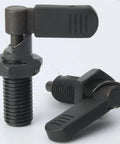 Heavy Duty L Handle Indexing Plunger With Fine Thread M12 Lock Nut And Spring Loaded Thumb Screw For Zero Slack Jigs Cnc Machines And Shop Fixtures Black, close-up with steel body and black finish.
