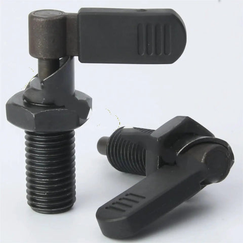 Heavy Duty L Handle Indexing Plunger With Fine Thread M12 Lock Nut And Spring Loaded Thumb Screw For Zero Slack Jigs Cnc Machines And Shop Fixtures Black, close-up with steel body and black finish.