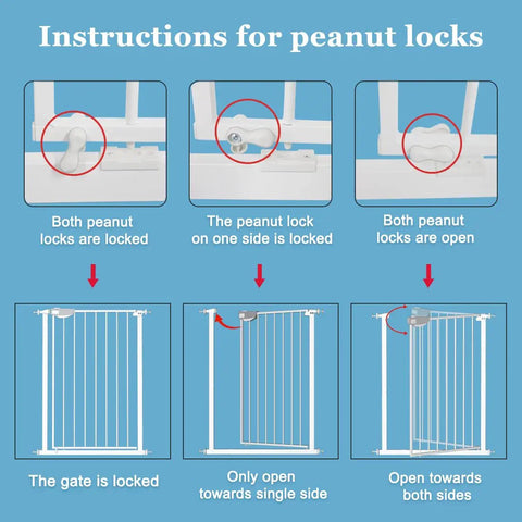 Diagram showing peanut lock instructions on Extra Tall Baby Gate With Triple Lock System, Walk-Through Swing Auto-Close Safety Gate In White Metal.
