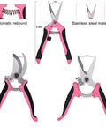 All In One Three Piece Gardening Pruning Set With Bypass Pruners Straight Snips And Floral Shears For Trimming Branches Stems Roses Hedges Herbs Tomatoes And More Outdoor Indoor Garden Tools Pink, showing dimensions and stainless steel material.