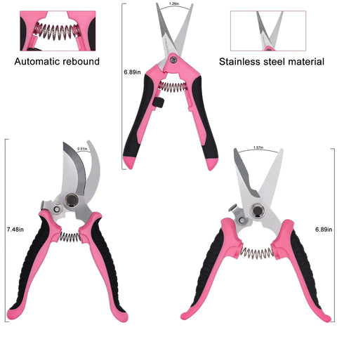 All In One Three Piece Gardening Pruning Set With Bypass Pruners Straight Snips And Floral Shears For Trimming Branches Stems Roses Hedges Herbs Tomatoes And More Outdoor Indoor Garden Tools Pink, showing dimensions and stainless steel material.