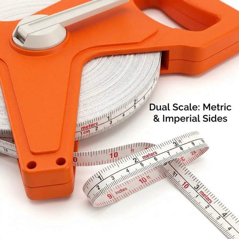 Pro Grade Fiberglass Tape Measure Half Inch By One Hundred Foot Open Reel Dual Sided For Inches And Feet With Ergonomic Grip