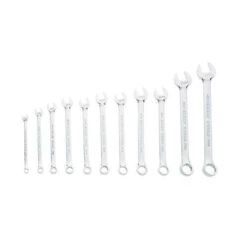 Metric Combination Wrench Set 11-Piece With Pouch, showing open and box ends, forged steel, suitable for tight spaces and automotive use.