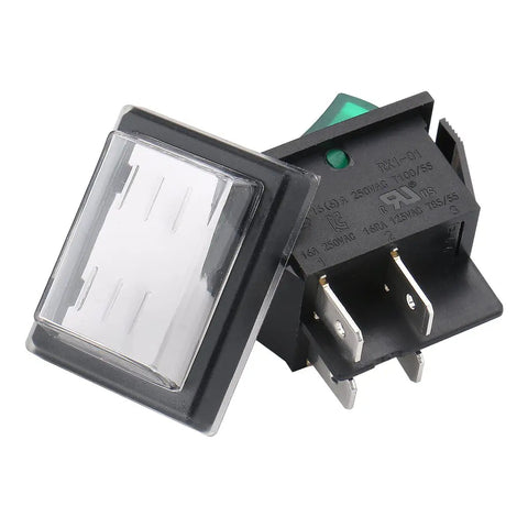 DPST Rocker Switch With Waterproof Cover, On Off 4 Pin, Green LED, Beefy Snap In Power Switch For Cars, Boats, And Home Gear, Weather Ready, UL Recognized VDE Certified, 2 Pack black rocker switch with clear waterproof cover and 4 pins