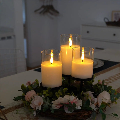 Clear Glass Flameless Candles With Timer And Remote Control Battery Powered LED Pillar Candles Set Of 3 In White Wax On Table