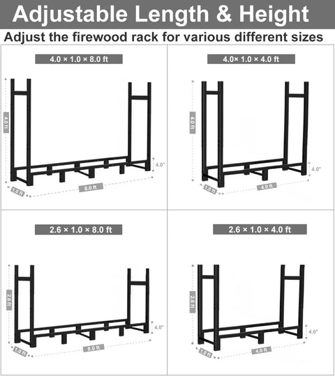 Diagram showing adjustable sizes of Beefy Heavy Duty Firewood Rack Eight Foot Outdoor Storage Stand For Indoor Fireplace Wood Holder