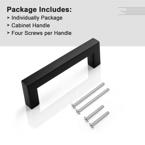 Six Pack Matte Black Stainless Steel Square Cabinet Pulls For Kitchen Cabinets, 3-3/4 Inch Hole Centers with four screws