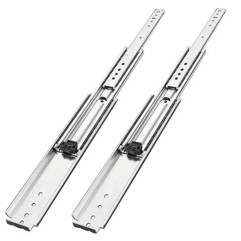 Built Like A Tank 20 Inch Full Extension Ball Bearing Drawer Slides showing zinc plated steel side mount rails.