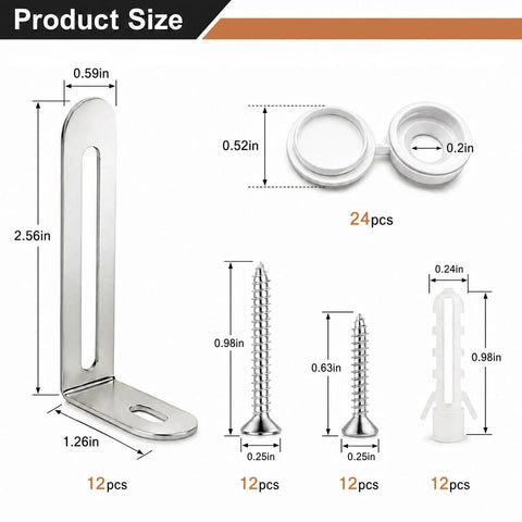 Boss Level 12 Pack Steel Furniture Anchors To Lock Down Anti Tip Wall Brackets For Dressers Cabinets Bookshelves TV Stands With Quick Install And Rock Solid Stability For Safe Living Spaces product dimensions and components display
