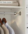 Sturdy Stainless Steel Closet Shelf And Rod Bracket Mount For Round Tubes in use, supporting hangers with clothes.