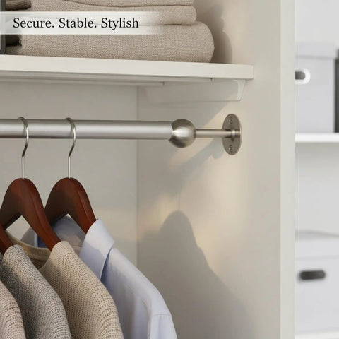 Sturdy Stainless Steel Closet Shelf And Rod Bracket Mount For Round Tubes in use, supporting hangers with clothes.