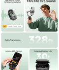 Pocket Size Wireless Lavalier Microphone With AI Voice Filter MFi Certified And Noise Cancellation For Iphone And Android Crisp Studio Sound 48kHz 16bit 30 Hour Battery With Charging Case For TikTok YouTube Video Creation illustration featuring usage and features.