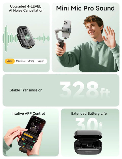 Pocket Size Wireless Lavalier Microphone With AI Voice Filter MFi Certified And Noise Cancellation For Iphone And Android Crisp Studio Sound 48kHz 16bit 30 Hour Battery With Charging Case For TikTok YouTube Video Creation illustration featuring usage and features.