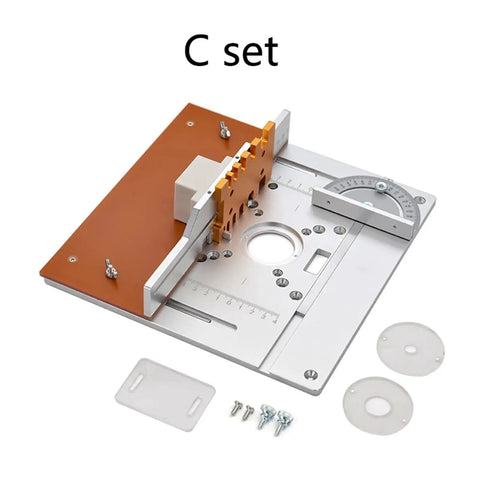 Rock Solid Aluminum Router Table Insert Plate With Precision Miter Gauge Guide Set Drop In Ready Table Saw Flip Top Mount showing top view with accessories.