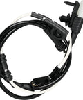 Rear brake pad wear sensor with wiring harness and white connector, black cable.