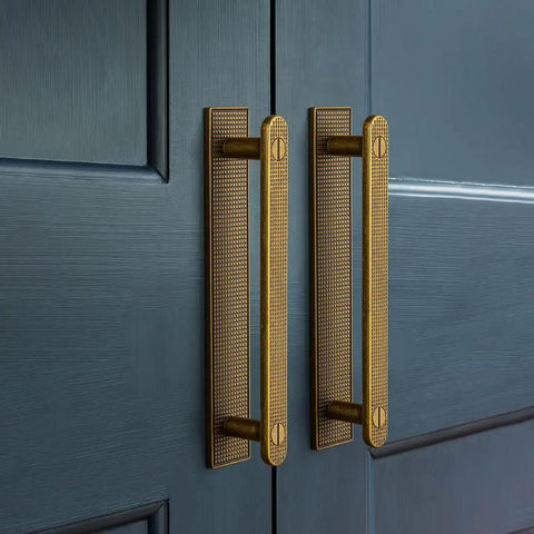 5 Inch Antique Brass Cabinet Pulls With Backplates 2 Pack Beefy Heavy Duty Solid Metal Handles on blue cabinet doors.