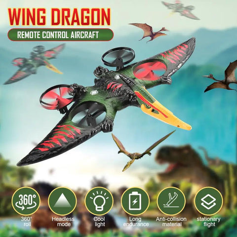 Pterodactyl Dragon RC Drone for Kids and Adults in flight with colorful mouth spray and lights, illustrating remote control features.