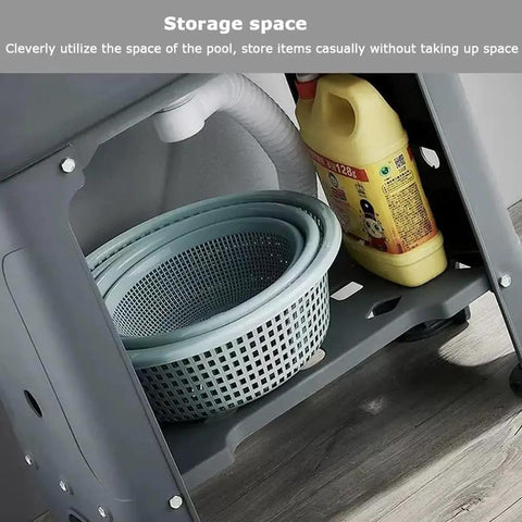 Heavy Duty Freestanding Slop Sink With Built In Storage Shelf For Kitchen Workshop Laundry And Garage Durable PP Material Holds Up To 200kg One Button Drain Black 60x40x76.5cm showcasing under-sink storage with cleaning supplies.