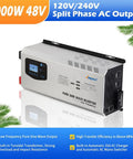 Off Grid Inverter Charger 5000 Watt Peak 15000 Watt Pure Sine Wave Split Phase Output with digital display and AC outputs.