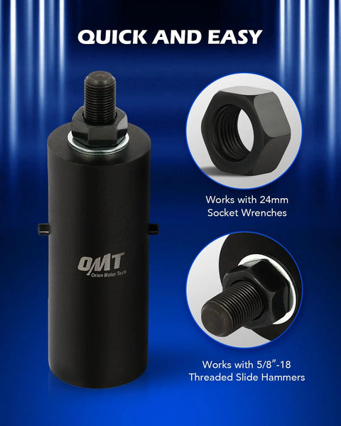 Front view of Orion Motor Tech ball joint tool, black cylindrical puller with top bolt and OMT logo