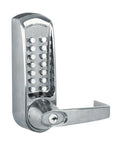 Heavy Duty Mechanical Gate Lock Kit with Slick Brushed Finish and Easy Keyless Entry Access Code for Metal Gates, close-up view.