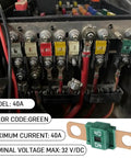 Heavy Duty 40 Amp Bolt On Automotive Fuses Copper Clad High Current Battery Protection forks in a panel for RVs and trailers.