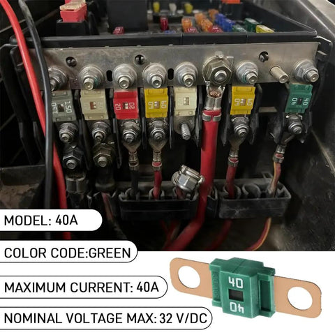 Heavy Duty 40 Amp Bolt On Automotive Fuses Copper Clad High Current Battery Protection forks in a panel for RVs and trailers.