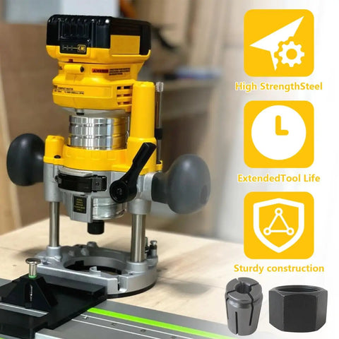 Precision Machined Router Collet Kit For Dewalt DW621 DW618 And 1613 1618 Series with illustrations of metal construction