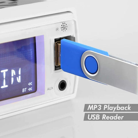 Bluetooth Marine Receiver Stereo 12V Single DIN In Dash Boat Radio With Digital LCD showing USB port with drive inserted