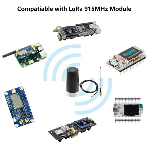 Long Range 915MHz LoRa Antenna With Magnetic Base, SMA Male Connector, IPEX Extension Cable, For Trunk Car Mount, ESP32 LoRa V3 Dev Board, 915MHz Module displayed alongside compatible boards.