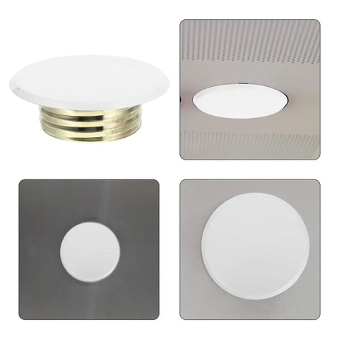 Slick White Iron Fire Sprinkler Covers 2 Pack Discreet Ceiling Plates with smooth round design and brass base.