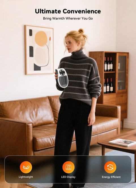 Person holding Portable 450W Plug In Heater With Remote, Clear LED Display, standing in living room with modern decor.