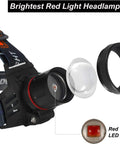 Disassembled view of Red Light Hunting Headlamp With Zoomable Beam And 3 Modes, showing lens and red LED chip.
